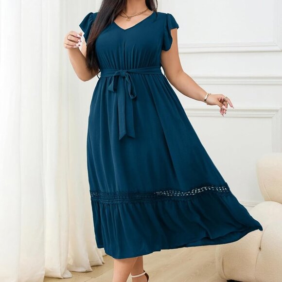 Women Plus Size Summer Maxi Dress V Neck Cap Sleeves Casual Formal - Picture 3 of 6